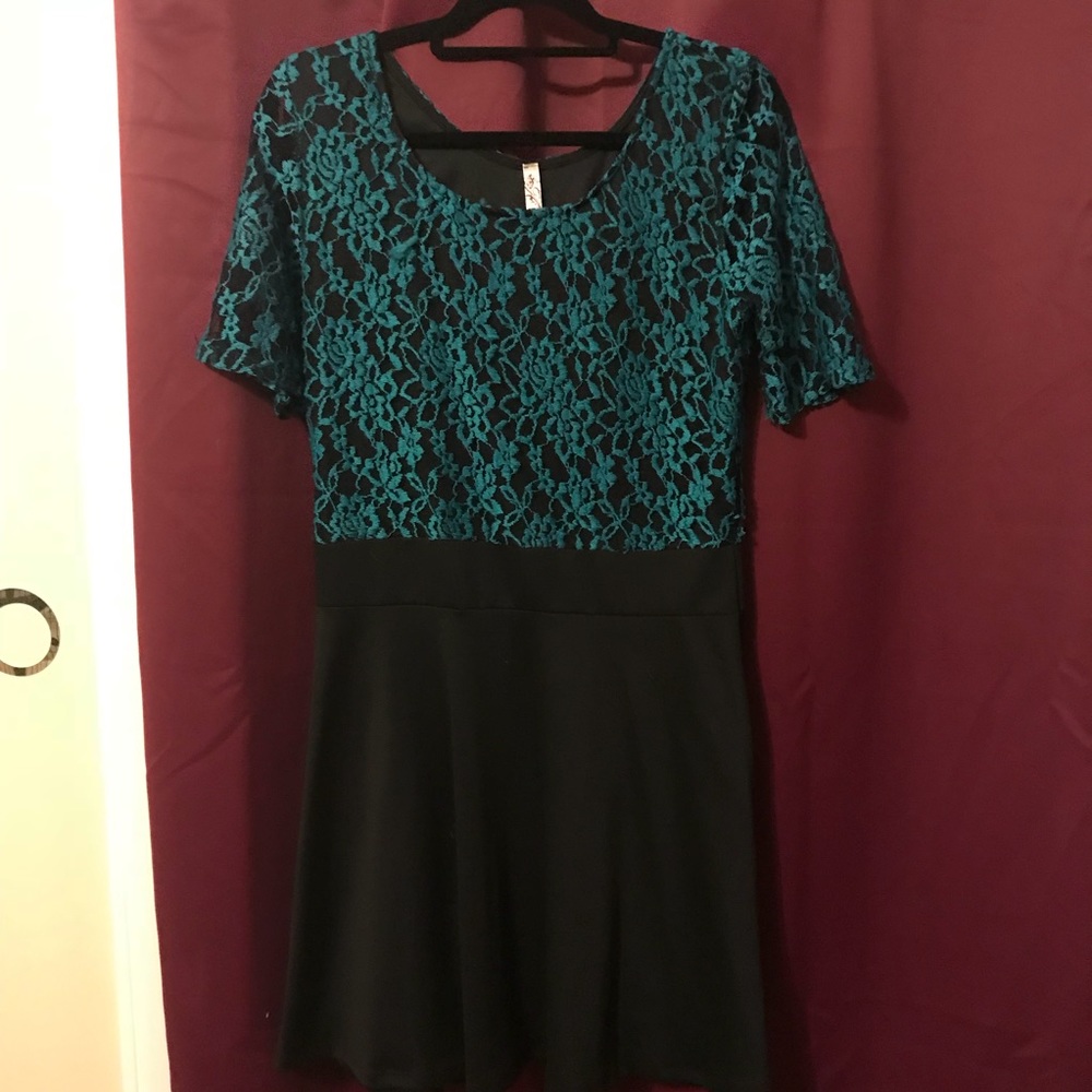 Lace top teal sheer skater dress XL